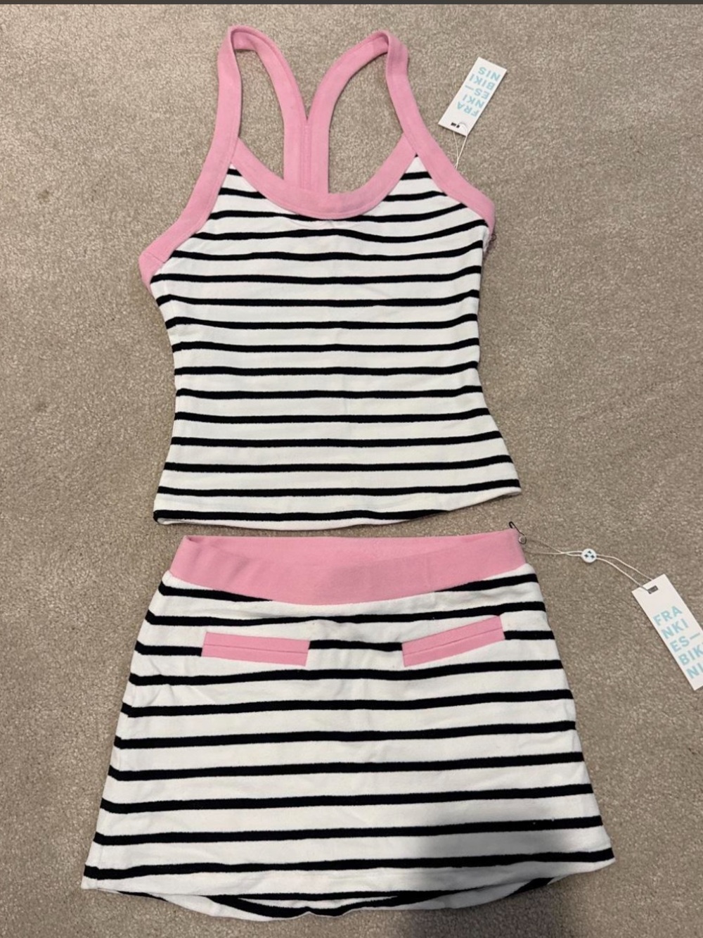 Frankie's Bikinis White and Black Striped Tank Top & Skirt Set with Pink Trim